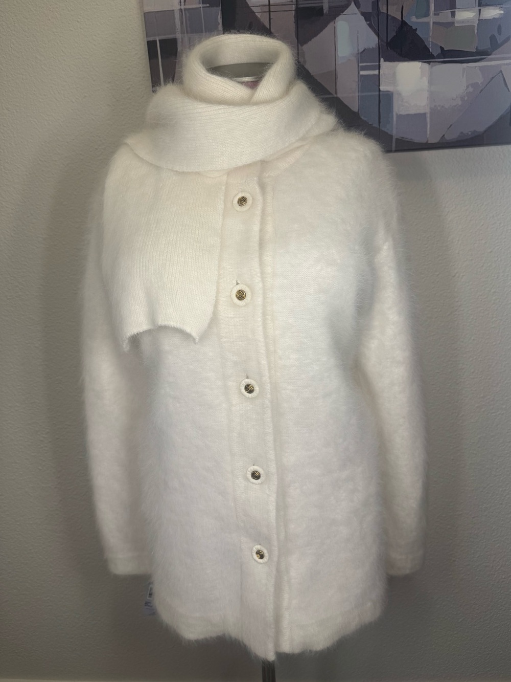 Vintage Belldini Angora Cardigan Winter White L New W/O Tags Detachable Scarf